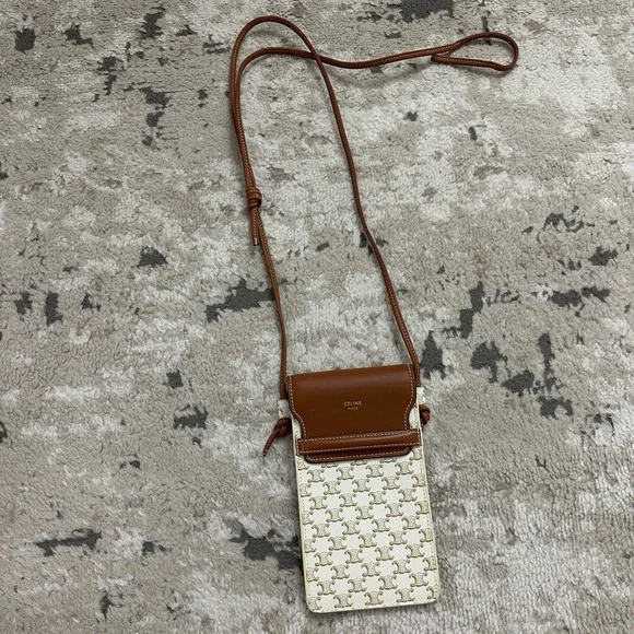 Celine Triomphe Canvas Lambskin Phone Pouch With Flap White Tan - Picture 2 of 4